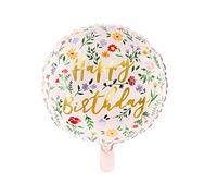 PartyDeco Globo de papel de aluminio FB48 Rosa claro 35 cm con diseño floral y texto Happy Birthday