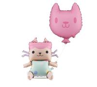 PartyDeco Globo de papel de aluminio con caja de bebé y gato, 2 globos con cuerda, apto para helio y aire, Gabby's Dollhouse - Decoración de cumpleaños infantil - Fiesta de niñas - Reutilizable