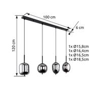 Globo Lámpara colgante Blacky, negro/gris humo, longitud 110 cm, 4 luces.