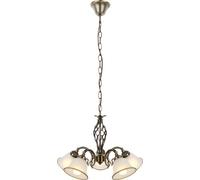 Globo Lighting Luster: estructura de metal latón cepillado, pantalla de vidrio satinado, cable de PVC marrón, altura regulable, diámetro: 600 mm, altura: 1200 mm, excluye 5 bombillas E27 de 60W, 230V