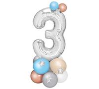 Globo Número 3 Foil Base Globos látex color Plata (15 unidades) - Cumpleaños Infantil niño, Decoración globos cumpleaños infantil niño, globos números con base globos.
