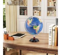 Globo terráqueo iluminado con base de madera y bombilla antigua, ideal para fines educativos y decoración