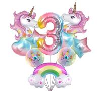Globo Unicornio - 10 piezas decoraciones de cumpleaños unicornio arco iris, globos de aluminio con diseño de unicornios/arco iris, estrellas/corazones/redondos/número 3, suministros para fiestas de