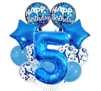 Globos azules de 5º cumpleaños para niños, globo de aluminio número 5 de 32 pulgadas, globos de helio de feliz cumpleaños, kit de látex de estrella y confeti, decoraciones de cumpleaños de 5 años