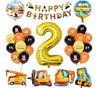 Globos Cumpleaños De Construcción 2 Niño, 29Pcs Suministros Para Fiestas Construcción Con Pancarta, Globo Número 2 Con Carretilla Elevadora Excavadoras Globos Para Niños Fiesta Construcción Cumpleaños