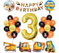Globos Cumpleaños De Construcción 3 Niño, 29Pcs Suministros Para Fiestas Construcción Con Pancarta, Globo Número 3 Con Carretilla Elevadora Excavadoras Globos Para Niños Fiesta Construcción Cumpleaños