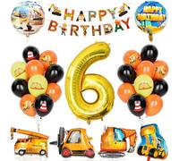 Globos Cumpleaños De Construcción 6 Niño, 29Pcs Suministros Para Fiestas Construcción Con Pancarta, Globo Número 6 Con Carretilla Elevadora Excavadoras Globos Para Niños Fiesta Construcción Cumpleaños