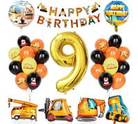 Globos Cumpleaños De Construcción 9 Niño, 29Pcs Suministros Para Fiestas Construcción Con Pancarta, Globo Número 9 Con Carretilla Elevadora Excavadoras Globos Para Niños Fiesta Construcción Cumpleaños