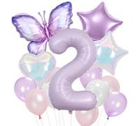 Globos de cumpleaños de 2º mariposa para niñas, decoraciones de números | Globos de mariposa morada, decoraciones de cumpleaños rosa lavanda para bebé niña 2ª princesa temática de hadas suministros