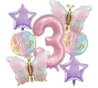 Globos de mariposa de tercer cumpleaños, 7 globos de Mylar de mariposa rosa para celebraciones de cumpleaños de niñas, fiestas infantiles, baby shower