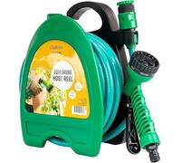 GloBrite Manguera de Jardín 10 m con Carrete y Pistola de Riego 7 Modos | Enrollador Compacto y Portátil con Soporte Mural para Riego en Balcón, Terraza y Patio, Limpieza Exterior y Uso Diario