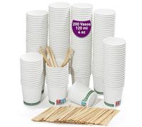 GoBeTree 200 vasos desechables café blancos de 120 ml / 4 oz, vasos de cartón blanco desechable con paletinas de madera para café. Para bebidas frías y calientes.
