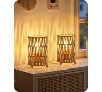 GOEBLESON Lámpara de Mesa de Imitación ratán, Juego de 2, Pantalla Tejida a Mano, con Bombilla LED de 4W 2400K Luz Cálida, Lámpara de Mesita Bohemia, para Dormitorio, Oficina, Salón