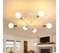 Goeco Lámpara de Techo Industrial, 6 Luces Casquillo E27 Blanco+Dorado
