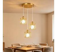 Goeco Lampara Techo Colgante 3 Luces Vintage, Lámpara de Techo Colgante Modernas Diseño de Jaulas Dorado, Iluminación Colgante E27 Retro de Hierro Altura Ajustable para Dormitorio Cocina Salón Porche