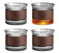 GOEDCH Juego de Tazas de Café Expreso: 4 Tazas de Café de Vidrio de 180 ml, Taza de Té Transparente con Anillo de Madera Maciza, Vidrio de Resistente al Calor para Regalar a Los Amantes