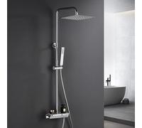 Görbach Columna de Ducha con Grifo, Conjunto Set Ducha Acero Inoxidable con Barra Altura Adjustable, Adaptarse a los orificios existentes, Cabezal Lluvia 20x20 cm y Mezclador Termostático Cromo