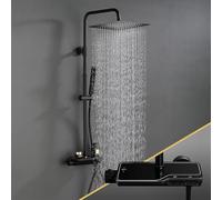 Görbach Columna de ducha con Rubinetto Termostatico de acero inoxidable 304, Negro Set de Ducha con Grifo Barra Altura Ajustable con cabezal con mezclador (20x20cm cuadrado)