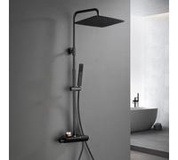 Görbach Columna de ducha con termostático de acero inoxidable 304, Negro columna ducha grifo con cabezal con mezclador, juego de ducha de lluvia con alcachofa (35x25cm)