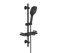 Görbach Barra de Ducha Negra de 70 cm en Acero Inox 304 con Estante Ducha Barra Ducha con Deslizador y Soporte de Fijación Ajustable, Sin Grifo,Con Ducha Mano con 3 funcións (HB1210MB + Estante).