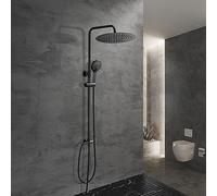Görbach Columna de ducha de acero inoxidable sin Grifo, Set ducha de lluvia con barra de ducha ajustable en altura 74 - 114 cm, cabezal de ducha XXL D30 cm Negro