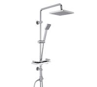 Görbach Columna de Ducha sin Grifo, Conjunto Set Ducha Acero Inoxidable con Barra Altura Adjustable, Adaptarse a los orificios existentes, Cabezal Lluvia ABS 20x20 cm y Estante Ducha Cromo