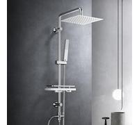 Görbach Columna de Ducha sin Grifo, Conjunto Set Ducha Acero Inoxidable con Barra Altura Adjustable, Adaptarse a los orificios existentes, Cabezal Lluvia 25x25 cm y Estante Ducha Cromo