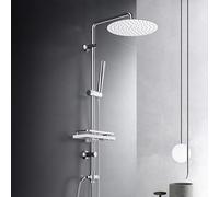 Görbach Columna de Ducha sin Grifo, Conjunto Set Ducha Acero Inoxidable con Barra Altura Adjustable, Adaptarse a los orificios existentes, Cabezal Lluvia 25 cm y Estante Ducha Cromo