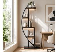 GOKHOMX Estantería de Esquina Industrial con Luz LED Plantas - Mueble Rinconero Estrecho, Librería Media Luna Madera y Metal para Salón, Recibidor o Dormitorio, Altura 160 cm