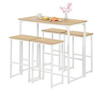 GOKHOMX Mesa Alta Bar con 4 Taburetes, Juego de Mesa de Comedor y 4 Sillas, para Pequeño Espacio, Cocina, Comedor, Salón, Bar o Balcón (Roble y Blanco)
