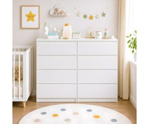 GOKHOMX Pack de 2 Cómodas Altas para Cambiador, 4 Cajones Cada Una, Blancas | 2 cómodas blancas, 8 cajones en total, acabado melaminado, para zona de cambiador, dormitorio, entrada, salón y despacho