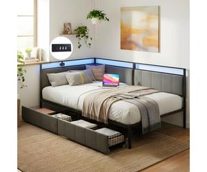GOKHOMX Sofá Cama 90x200 con Toma USB y Banda Luminosa, Sofa Cama Individual con 2 Cajones y Somier de Láminas de Metal, Cama Tapizada para Adultos Infantiles Juveniles, Negro y Gris