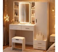 GOKHOMX Tocador con iluminación de 120 cm con espejo LED y taburete de almacenamiento, armario lateral, 4 cajones, 8 estantes, 2 enchufes + 2 USB, 3 colores de luz, montaje a izquierda y derecha