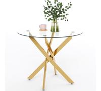 GOLDFAN Mesa de comedor redonda de cristal moderna con patas de metal dorado para comedor (80 cm, dorado)
