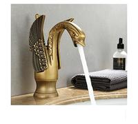 Goldía de lujo fregadero grifo vintage cobre estilo cisne personalidad Montaje la cubierta caliente y frío mezclador negro cuenca Fácil de instalar(Short Antique Brass)