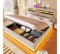 Goldicoo Cama tapizada doble 180 x 200 cm, con función de carga USB tipo C, iluminación LED, almacenamiento hidráulico, compartimento de almacenamiento con tapa superior, sin colchón, botón pulsador