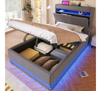 Goldicoo Cama tapizada individual de 90 x 200 cm, con función de carga USB tipo C, iluminación LED, almacenamiento hidráulico, compartimento de almacenamiento con tapa, sin colchón, botón pulsador