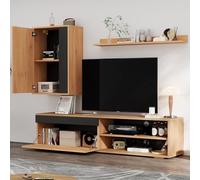 Goldicoo TV Wohnwand-Set 3-teilig 140x35x39cm TV-Board mit Standregal und Wandregal Wandregal, Spanplatte Holzfarbe + Schwarz, Modern, Independiente y Hängend