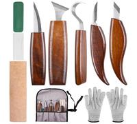 GOMETY Juego de 10 Cuchillos de Talla de Madera con Piedras de Afilar y Guantes Resistentes a los Cortes, Profesional con 5 Cuchillos de Talla para Principiantes