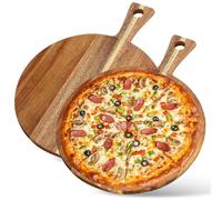 GOMETY Juego de 2 platos de pizza de madera, tabla redonda de 30 cm con asa, tabla de cortar para pizza, pan, queso, charcuteria, tartas flameadas y pasteles