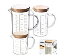GOMETY Juego de 3 vasos medidores de cristal, tamaños 350 ml, 500 ml, 1000 ml, vaso medidor de cristal con escala precisa, tapa de bambú, junta de silicona, resistente al calor, vidrio de borosilicato