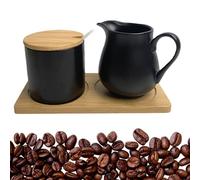 GOMETY - Juego de leche y azúcar, jarra de leche y azucarero con tapa, de cerámica negra, con tapa de madera. Azúcar y crema de color carbón para cocina y café (negro mate)