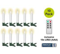 Goobay 75257: Juego de 10 velas LED inalámbricas para árbol de Navidad, color blanco y verde, incluye 10 pilas AAA (LR03). Dispone de conectores, función de temporizador y mando a distancia, es regula