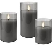 goobay Set de 3 velas LED de cera real en vaso de cristal gris, luz cálida (2700 K), efecto llama 3D, temporizador de 6 h, incluye 10 pilas AAA, seguras y decorativas para interior, 75261
