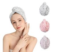 Good Nite 3 Piezas Toalla Microfibra Pelo Turbante de Cabello Súper Absorbente Toalla de Microfibra para el Cabello Rizado Largo 3 Colores Rosa Morado Gris con Botones Rayas Delgadas