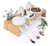 GOODS+GADGETS Juego de cuencos de porcelana con cucharas y tapas; 3 cuencos en bandeja de servir y tabla de servir como recipiente para especias para aperitivos, aceites, sal, especias
