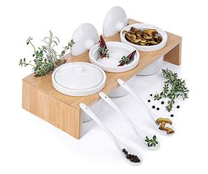 GOODS+GADGETS Juego de cuencos de porcelana con cucharas y tapas; 3 cuencos en bandeja de servir y tabla de servir como recipiente para especias para aperitivos, aceites, sal, especias