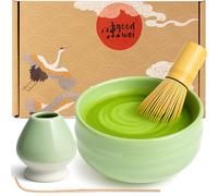 Goodwei Matcha Kit con Cuenco Matcha Ceramica, Batidor y Cuchara Te Matcha | Tazón de Té Chawan artísticamente, Soporte para Batidor en el mismo diseño | Juego Ceremonia del Té (Minto, 80)