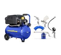 Goodyear - Compresor Pintura y Pistola 24 litros 230 V - 50 Hz. Compresor Sin Aceite con Kit de Aire 107 litros/minuto Capacidad de Aspiración. 1.450 rpm. Presión Nominal 6 bares. 73 Db