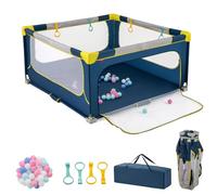 GOPLUS 150x150 cm Parque Infantil Plegable para Bebés, Parque Portátil con 50 Pelotas Oceánicas, Bolsa de Transporte, Puertas y 4 Anillos, Centro de Actividades para 0-3 Años, Sin Instalación (Azul)